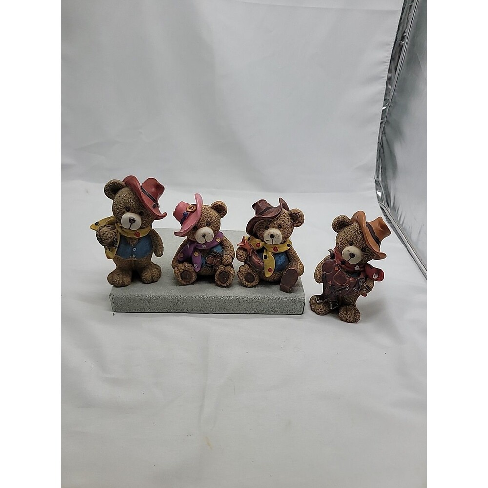 Vintage Teddy Bear Set of 4 Cowboy Western Figurines 3" Resin
